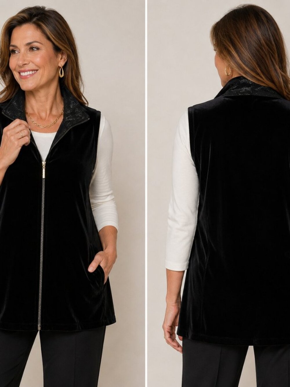 Chicos black velvet vest sparkly collar sleeveless zip front elegant with pocket